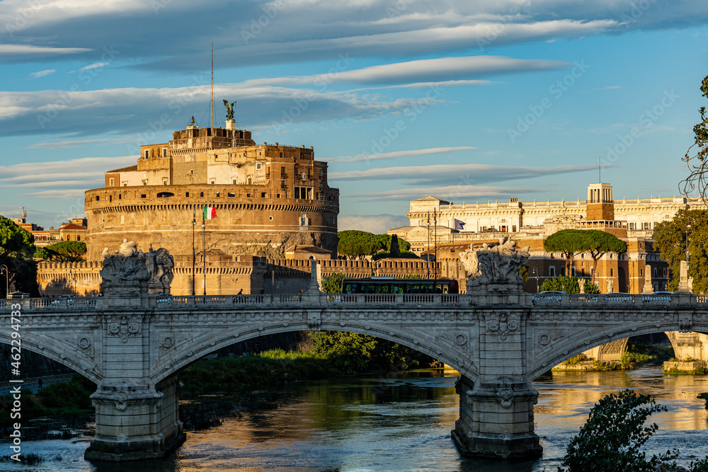 Castle of Holy Angel and the Tiber River in Rome at Sunset, Italy