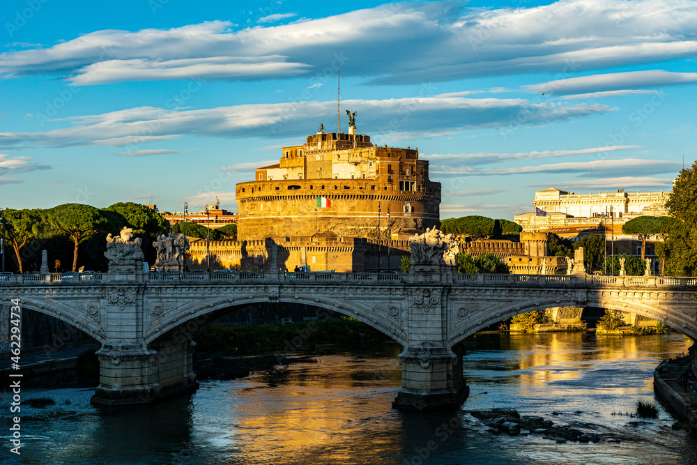Castle of Holy Angel and the Tiber River in Rome at Sunset, Italy