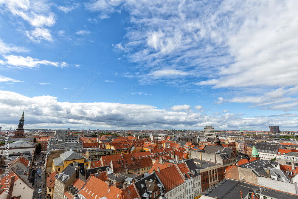 Fototapeta premium Cityscape wide angle view atop the Round Tower in downtown Copenhagen, Denmark.