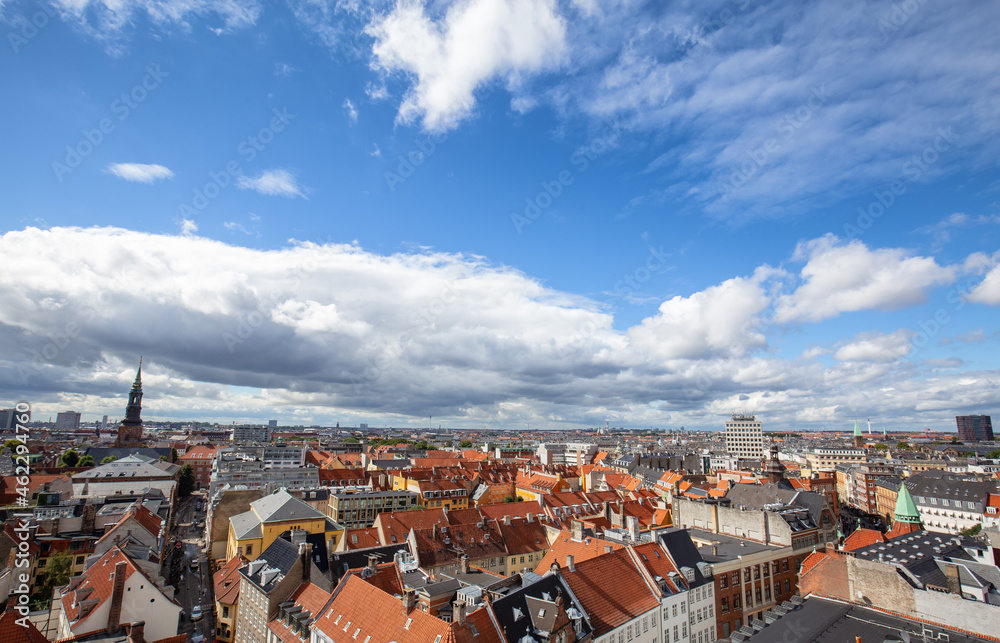 Cityscape wide angle view atop the Round Tower in downtown Copenhagen, Denmark.
