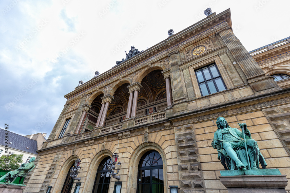 COPENHAGEN, DENMARK - AUGUST 29: Ludvig Holberg Statue front of the Danish Royal Theater in Denmark on August 29, 2016.