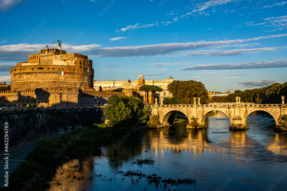 Castle of Holy Angel and the Tiber River in Rome at Sunset, Italy