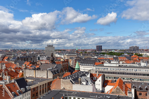 Cityscape wide angle view atop the Round Tower in downtown Copenhagen, Denmark.