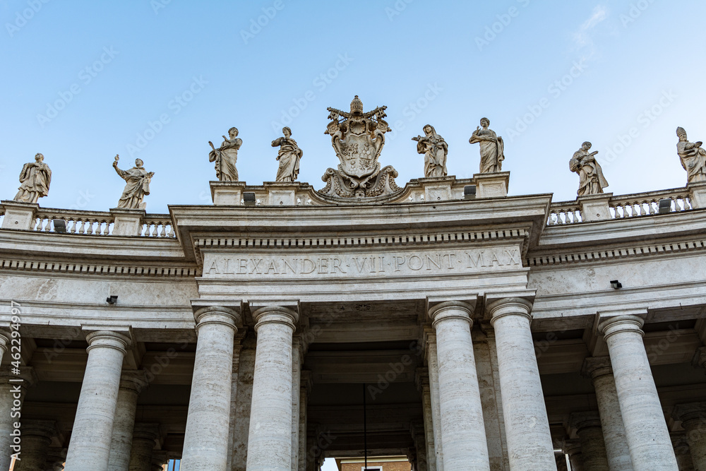 Detail of the columns and statues in the colonnade of the St Peters Square of The Vatican