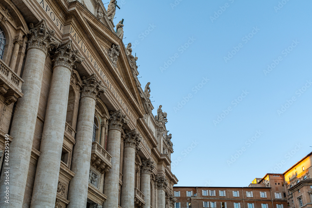 Low angle view of the  front Facade of the St. Peters Basilica in the Vatican