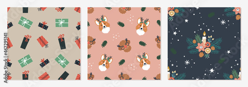 Fototapeta Naklejka Na Ścianę i Meble -  Christmas patterns collection. Vector illustration of three flat seamless patterns with cute cartoon puppies, gifts, and Christmas plants 