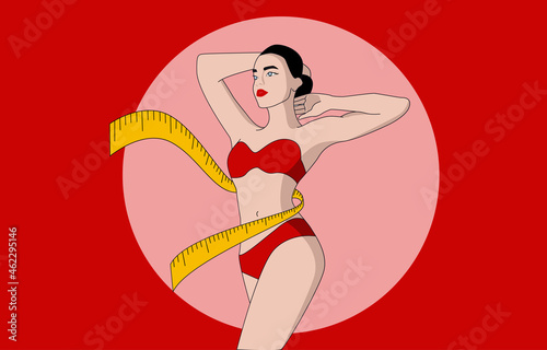 Illustration of weight loss concept. Woman in red costume whit a measure around photo