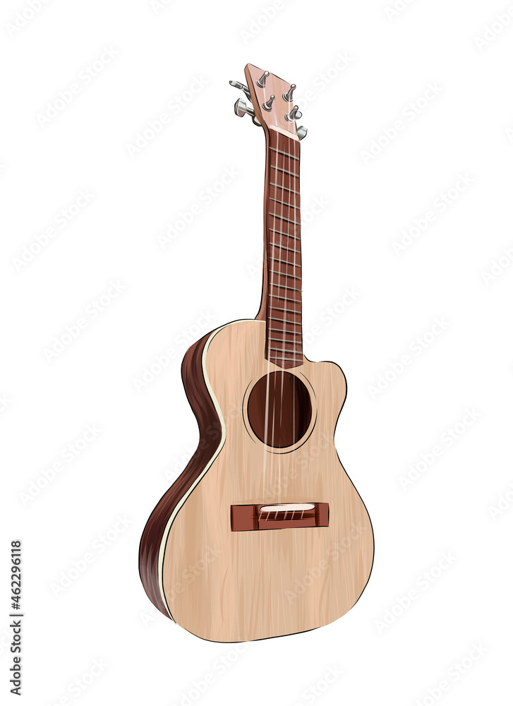 Acoustic guitar from multicolored paints. Splash of watercolor, colored drawing, realistic. Vector illustration of paints