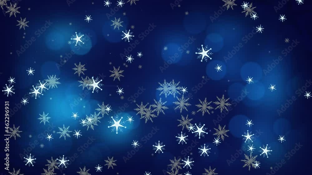 Animation of snow falling over light spots at christmas, on blue background Animation of snow falling over light spots at christmas, on blue background