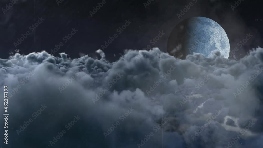 Animation of red interference over moon and moving clouds in sky