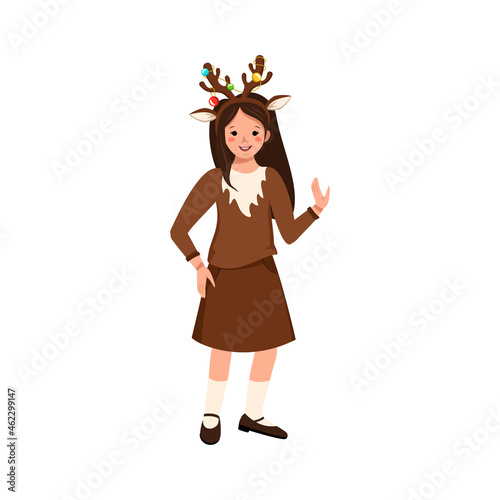Girl in carnival costume of deer. Festive clothing for party, theatre, New Year, Christmas or halloween. Child dancing with happy face and smile emotions