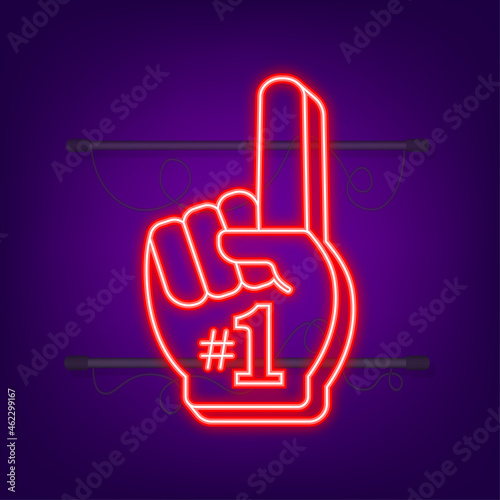 Fan logo hand with finger up. Hand up with number 1. Neon icon. Vector illustration