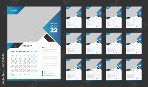 calendar for 2022 starts Sunday, Monday, vector calendar design 2022 year