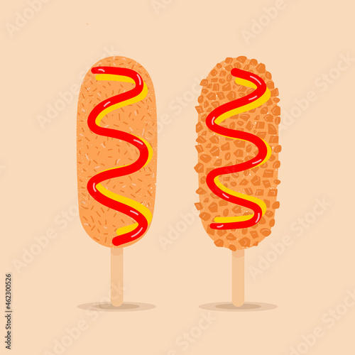 illustration, Corndog Ketchup and mustard, Korean food.on red background