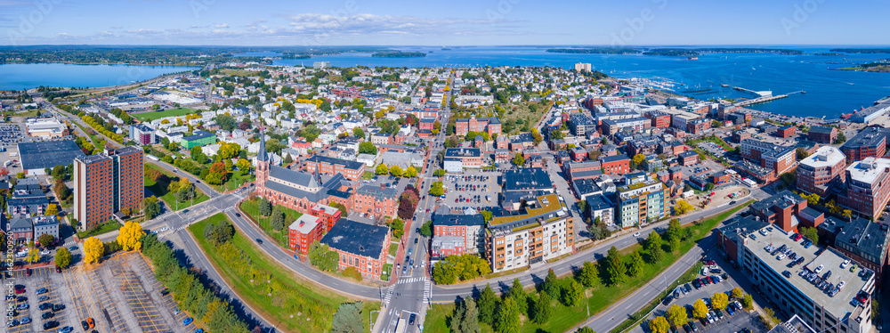 Panoramic aerial view of Munjoy Hill historic district on Congress Street and Portland Harbor from downtown Portland, Maine ME, USA. 