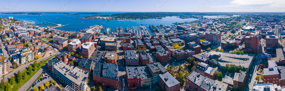 Panoramic aerial view of Munjoy Hill on the left and Portland Old Port on the right, with Fore River at the background in Portland, Maine ME, USA. 