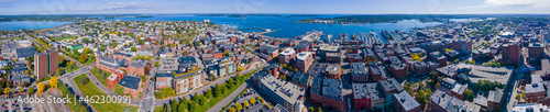 Fototapeta Naklejka Na Ścianę i Meble -  Panoramic aerial view of Portland Old Port and Fore River in downtown Portland, Maine ME, USA. 