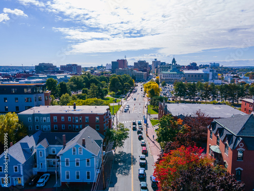 Aerial view of Portland historic downtown skyline on Congress Street, viewed from Munjoy Hill, Portland, Maine ME, USA. 