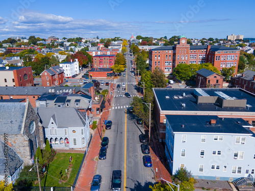 Aerial view of Munjoy Hill historic district on Congress Street from downtown Portland, Maine ME, USA.  photo