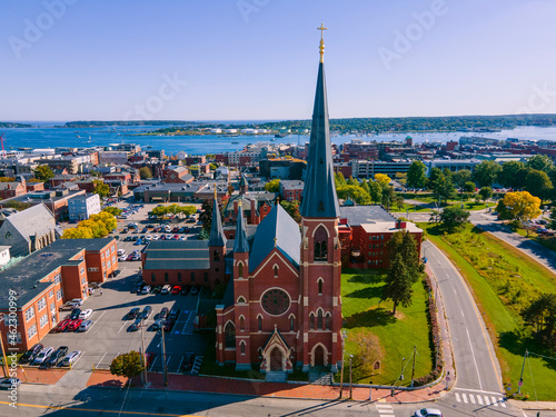 Portland Cathedral of the Immaculate Conception at 307 Congress Street in downtown Portland, Maine ME, USA. 