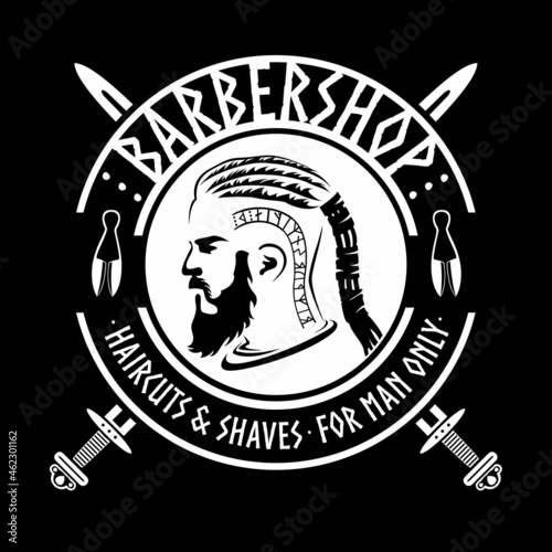 Barber shop viking style, isolated vector vintage illustration. Bearded viking man monochrome silhouette. Emblem, logo, label for a salon of fashionable haircuts and shaving.