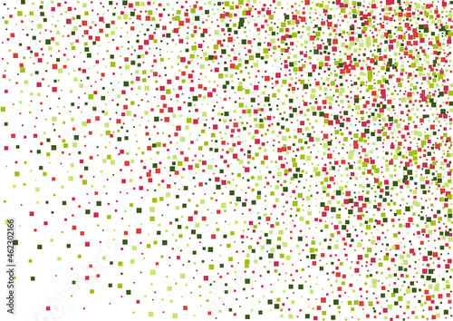 Geometric Red Digital Background. Festive Square Texture. Green Virtual Confetti Mosaic. Rhombus Surprise Frame.
