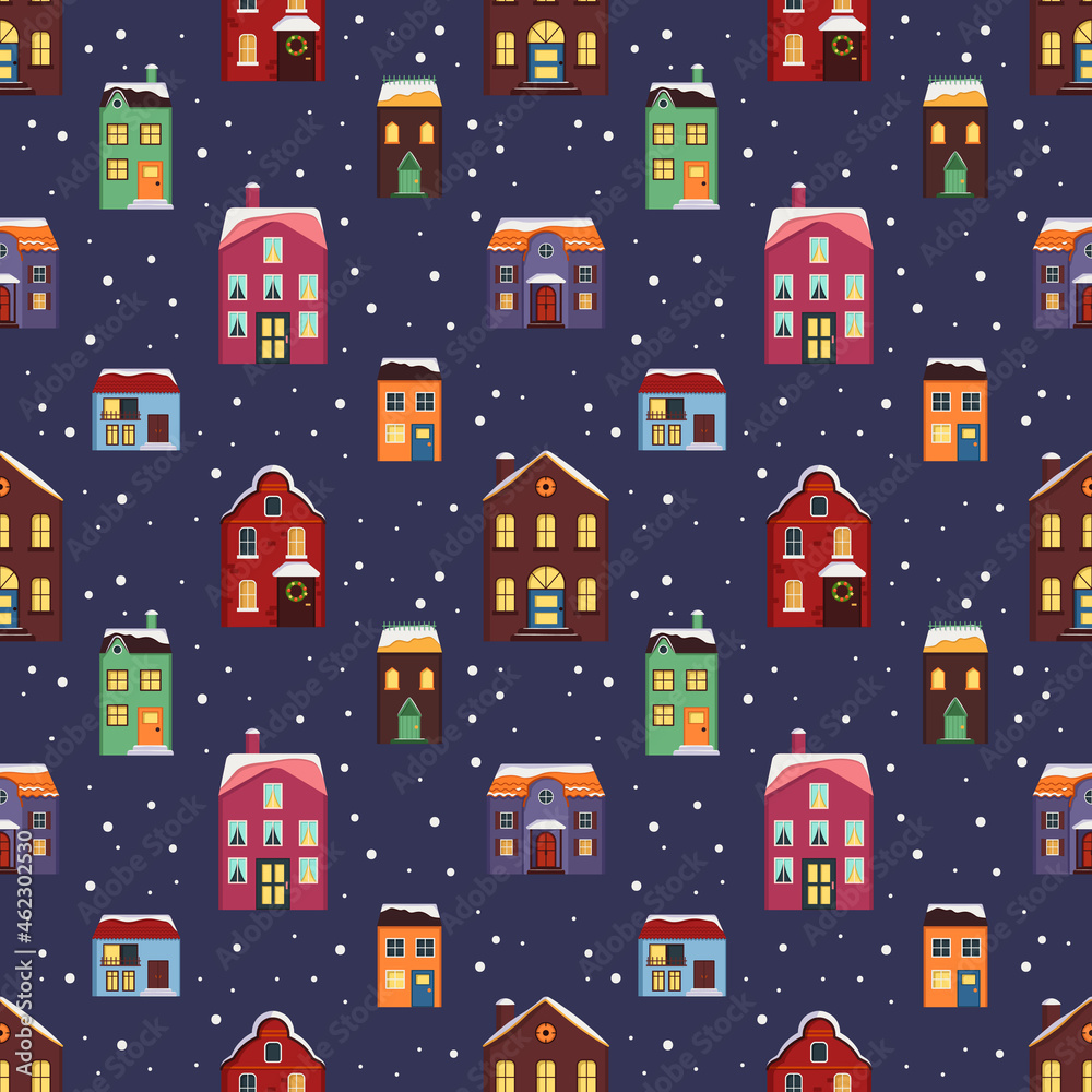 Seamless pattern with festive Christmas houses and snow on blue background. Bright print for New Year and winter holidays for wrapping paper, textile and design