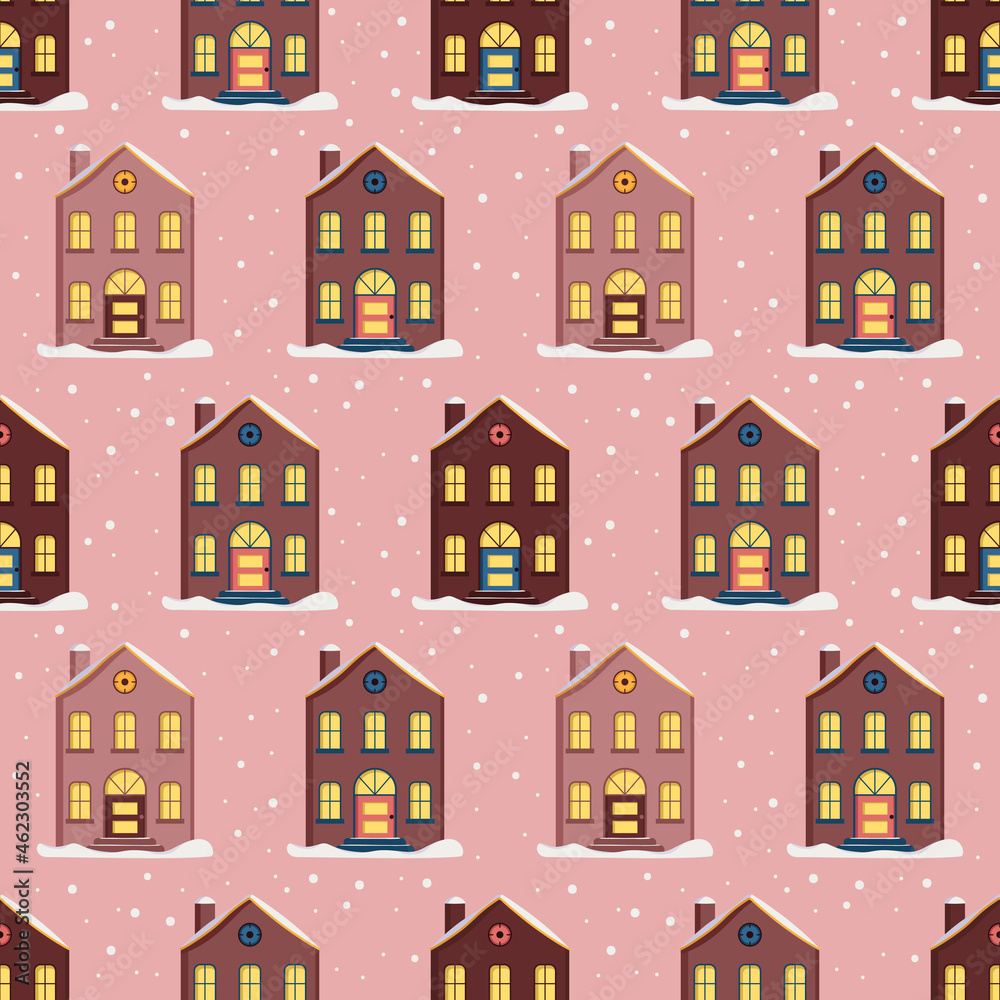 Seamless pattern with festive Christmas houses and snow on pink background. Bright print for New Year and winter holidays for wrapping paper, textile and design
