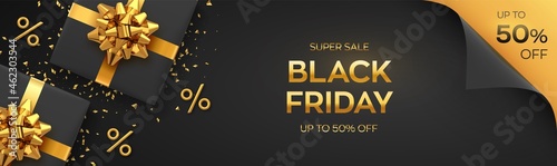 Black Friday Super Sale. Realistic black gifts boxes with golden bows. Dark background with present boxes and golden percent symbols. Horizontal banner  poster  header website. Vector illustration.