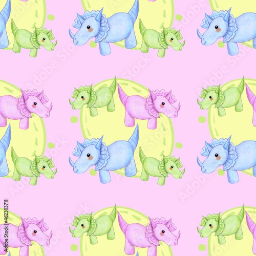 seamless pattern colored side view cute dinosaur triceratops cartoon style on pink yellow background , animals, baby , horns, stripes, print, design