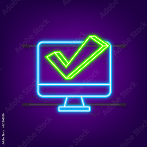 Laptop with checkmark or tick notificatione. Neon icon. Approved choice. Accept or approve checkmark. Vector illustration