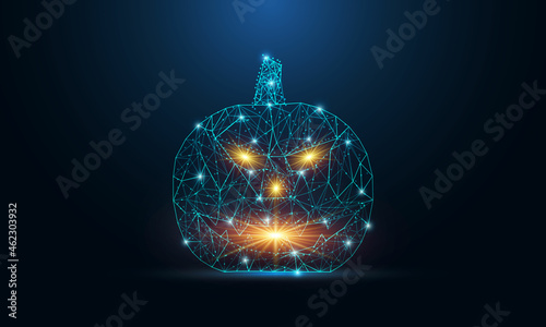 Halloween Pumpkin with scary face isolated on dark blue background. Low poly wireframe Halloween concept. Digital low poly vector illustration.