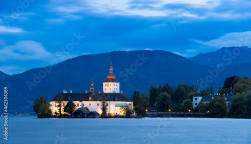  Austrian castle situated in the Traunsee lake at Sunset, in Gmunden, Panoramic View