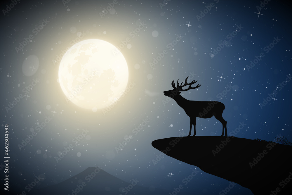 Lonely deer on cliff edge. Animal in snowy weather. Full moon at night