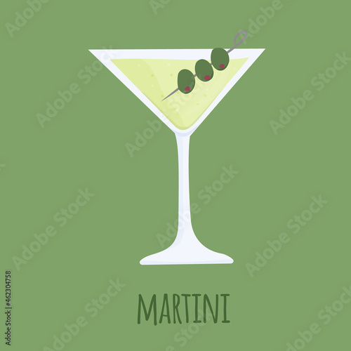 Hand drawn cartoon vector illustration of Dirty Martini alcoholic cocktail. Mix of gin, vermouth and olive brine. Isolated on white with text.