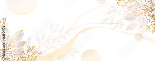 Luxurious golden wallpaper. Gold leaves and flowers on a white background, painting with a shiny light texture. Modern art mural wallpaper. Splashes and watercolor stripes. Vector illustration.