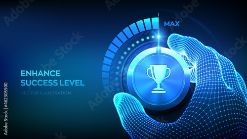 Success levels knob button. Increasing Success Level. Wireframe hand turning a test knob with the Trophy cup icon to the maximum position. Business achievement concept. Vector illustration.