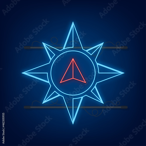 Compass icon. Flat navigation symbol. Neon icon. Vector illustration