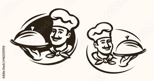 Chef cook cartoon character holding domed cloche food tray. Restaurant logo vector illustration