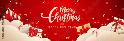 Christmas banner background with realistic gifts box ribbon.