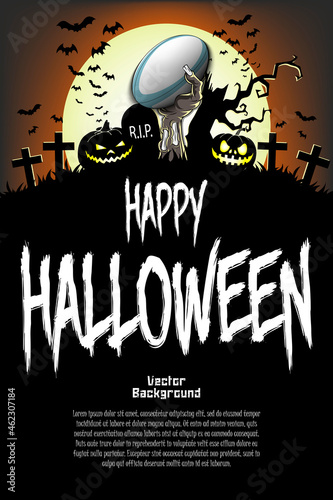Happy Halloween. Zombie hand from the grave holding a rugby ball. Pumpkins, spooky tree, crosses, coffin and bats. Pattern for banner, poster, greeting card, invitation. Vector illustration