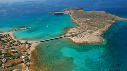 Aerial drone photo of main port of Kythera island and turquoise exotic beach of Diakofti, Ionian, Greece photo