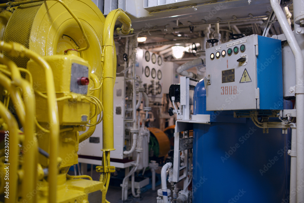 Boat interior with control panel instruments Boat interior with control panel instruments