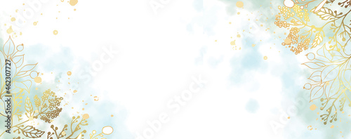Luxurious golden wallpaper. Banner with white background blue and green spots and splashes of watercolors. Golden leaves and branches, wall art with a shiny light texture. Vector illustration.