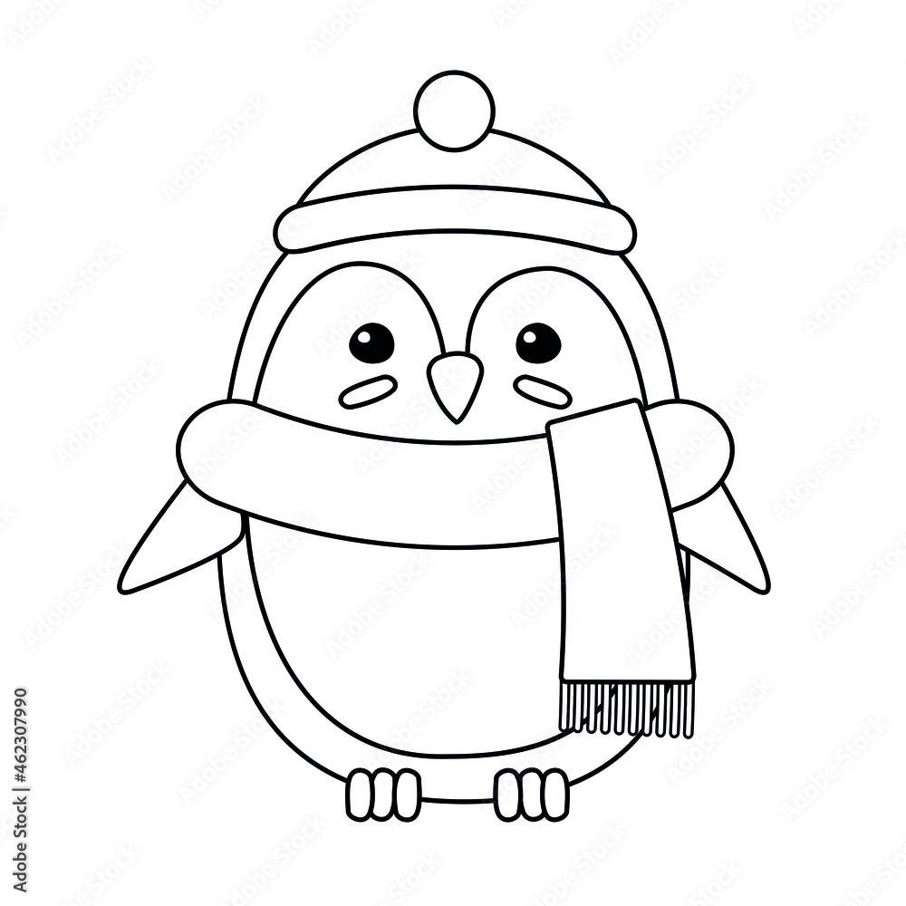 Vector flat outline penguin in hat and scarf isolated on white background Vector flat outline penguin in hat and scarf isolated on white background