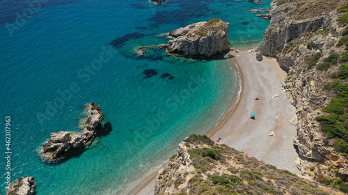 Aerial drone photo of beautiful turquoise paradise beach of Kaladi one of the best in island of Kythera, Ionian, Greece