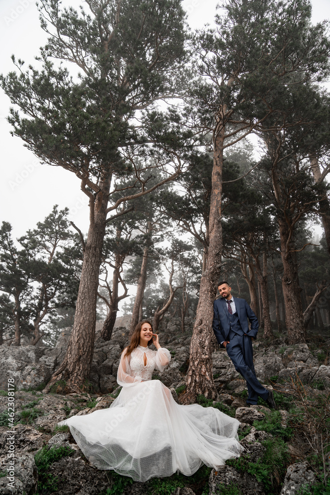 fun bride and groom in a mysterious misty mountain forest. honeymoon fun bride and groom in a mysterious misty mountain forest. honeymoon