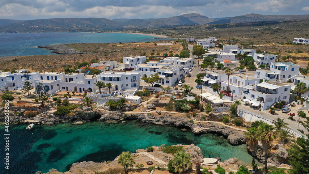 Aerial drone photo of iconic seaside traditional village and castle of Avlemonas, Kythira island, Ionian, Greece