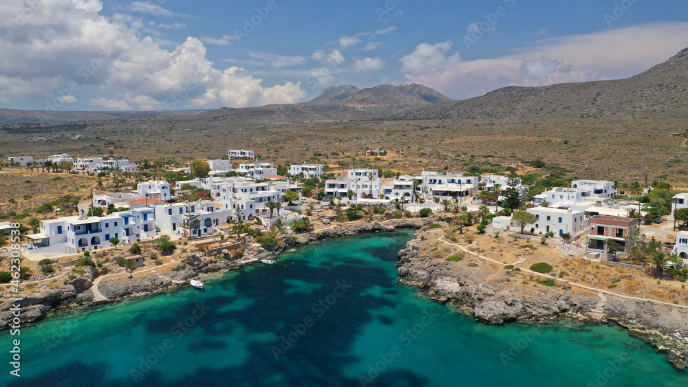 Aerial drone photo of iconic seaside traditional village and castle of Avlemonas, Kythira island, Ionian, Greece