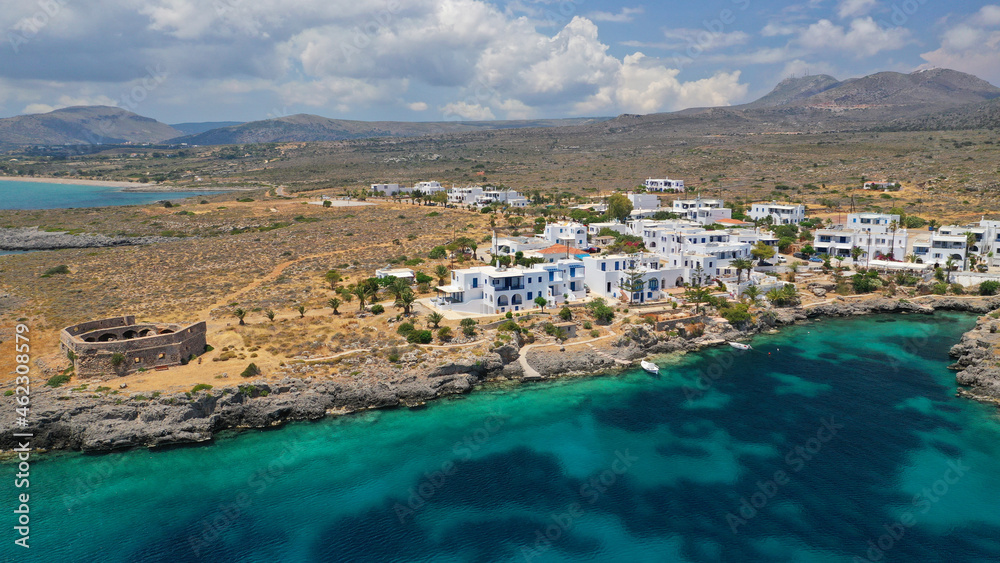 Aerial drone photo of iconic seaside traditional village and castle of Avlemonas, Kythira island, Ionian, Greece